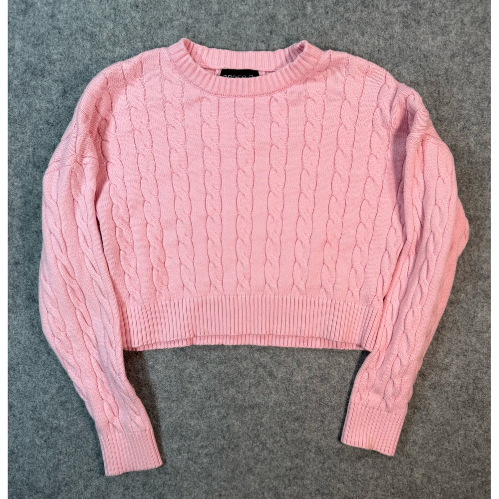 Arden B Pink Cable Knit Cropped Sweater Womens Small Preppy Crew Neck LongSleeve